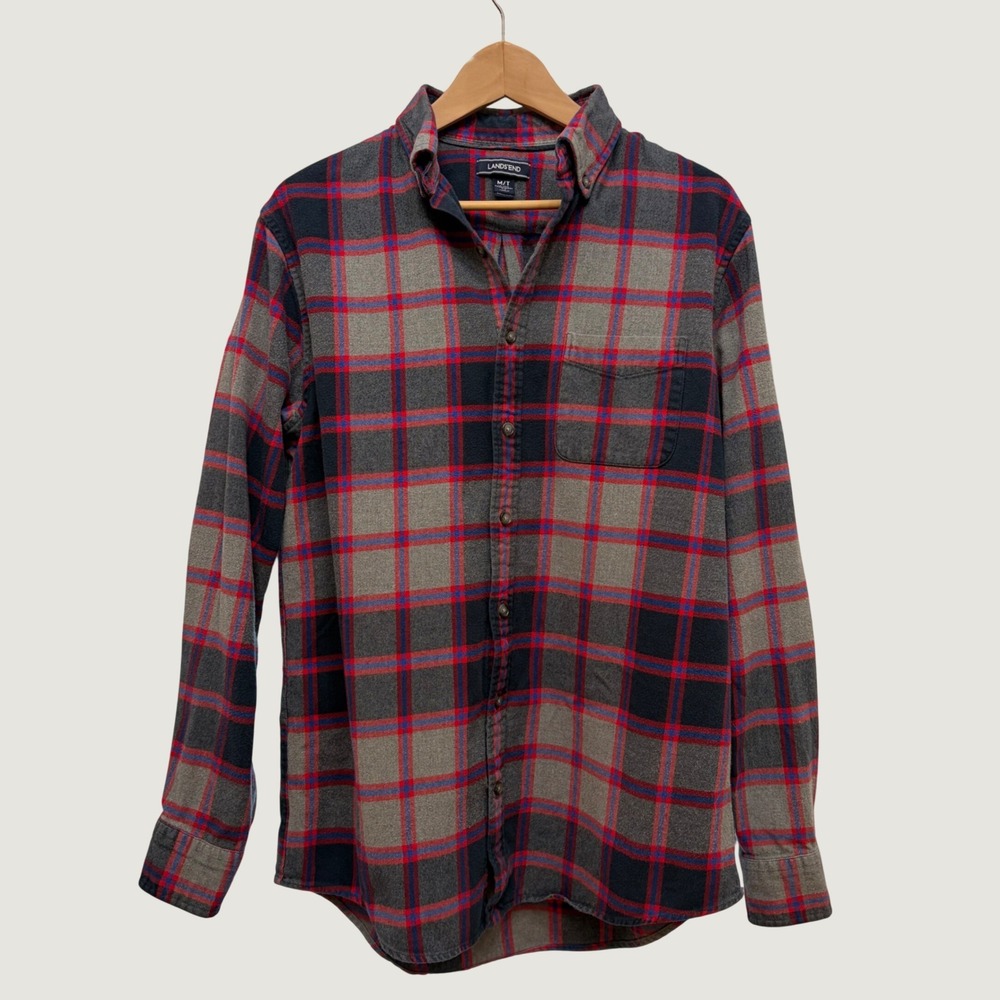 Lands End Mens Flannel Shirt Medium Tall Grey Red Navy Plaid Cotton 462036